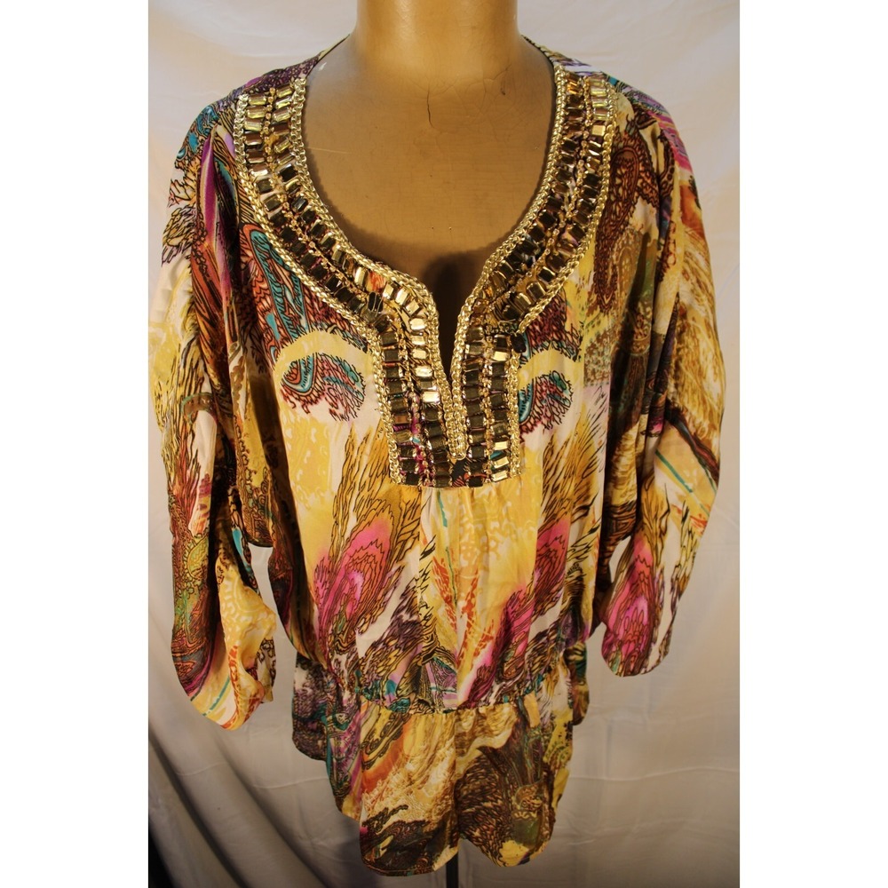 NWT IMAN Blouse Top Polyester Multicolored Women Size Large Jewels Fake Diamonds